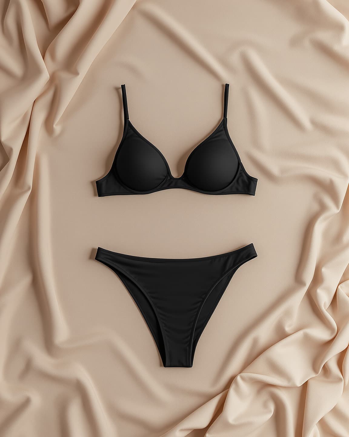 Classic black bikini set with supportive construction details on warm linen