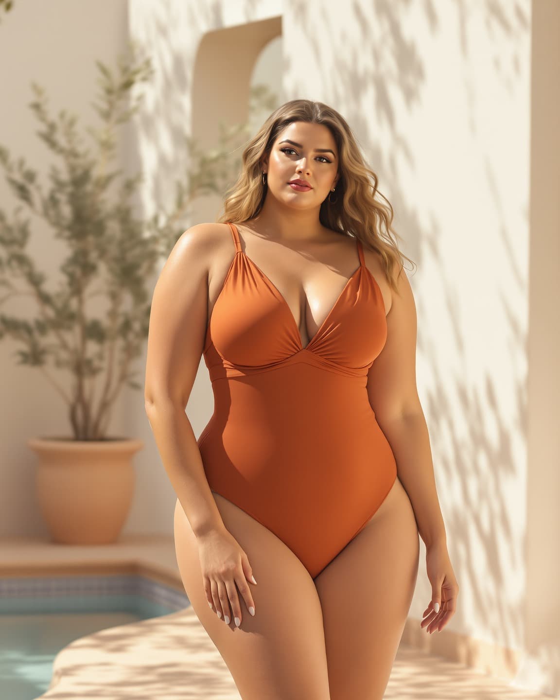 Terracotta one-piece swimsuit with sculpted silhouette in a Mediterranean setting