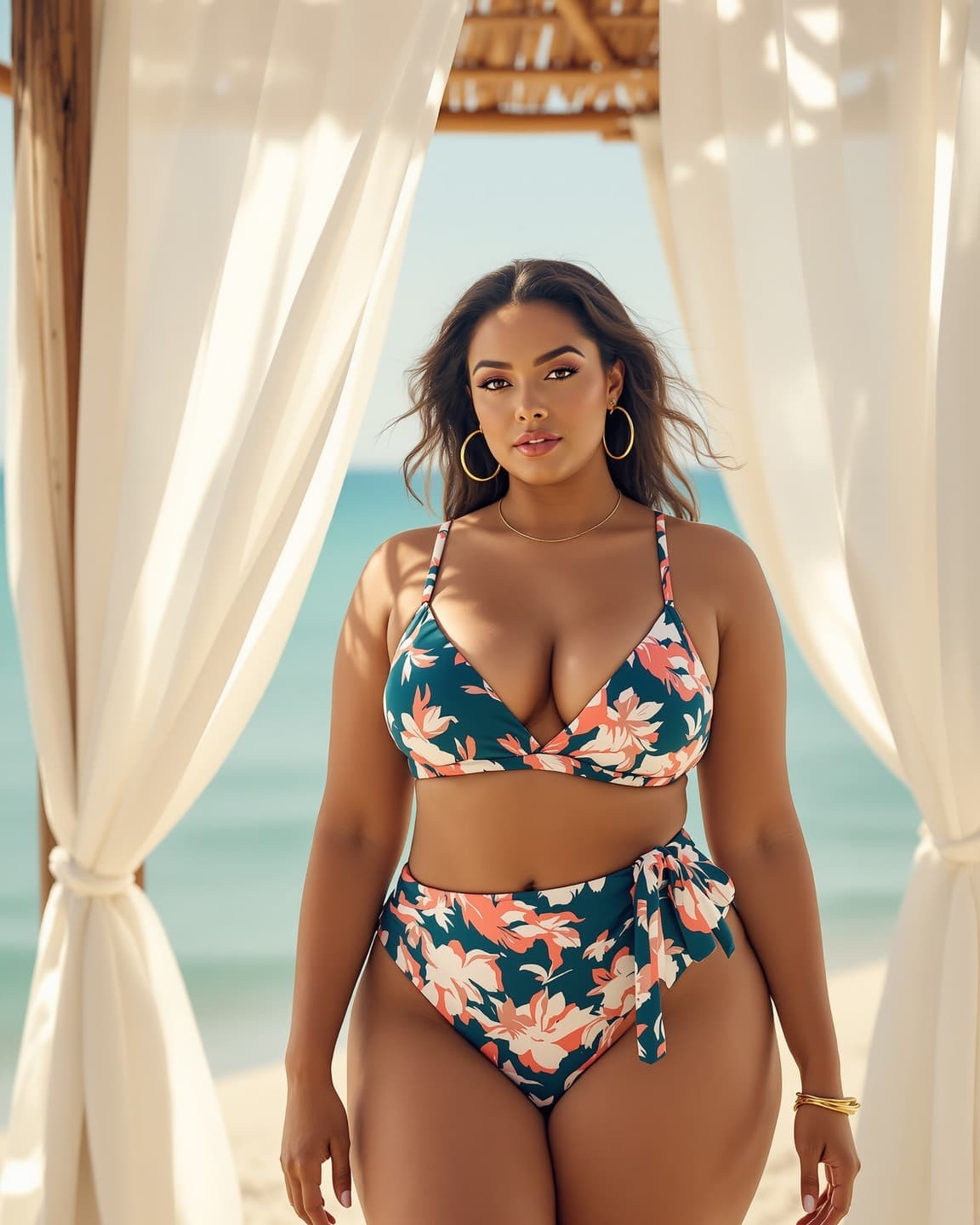 Sophisticated printed wrap bikini in teal and coral at a beachside cabana
